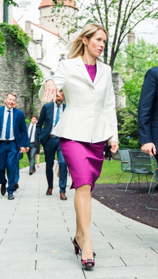 卡娅·卡拉斯穿一身优雅紫色连衣裙腿穿丝袜出席外事活动（第7张/共7张）