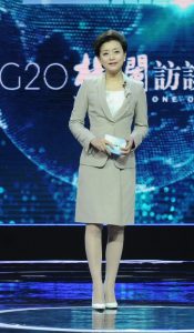 《G20杨澜访谈录》主持人杨澜灰色套装肉丝白高跟（第3张/共7张）