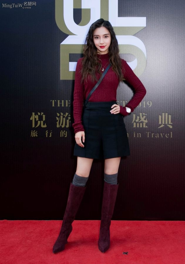 Angelababy黑色短裤配红色长靴气质率性(2/10)
