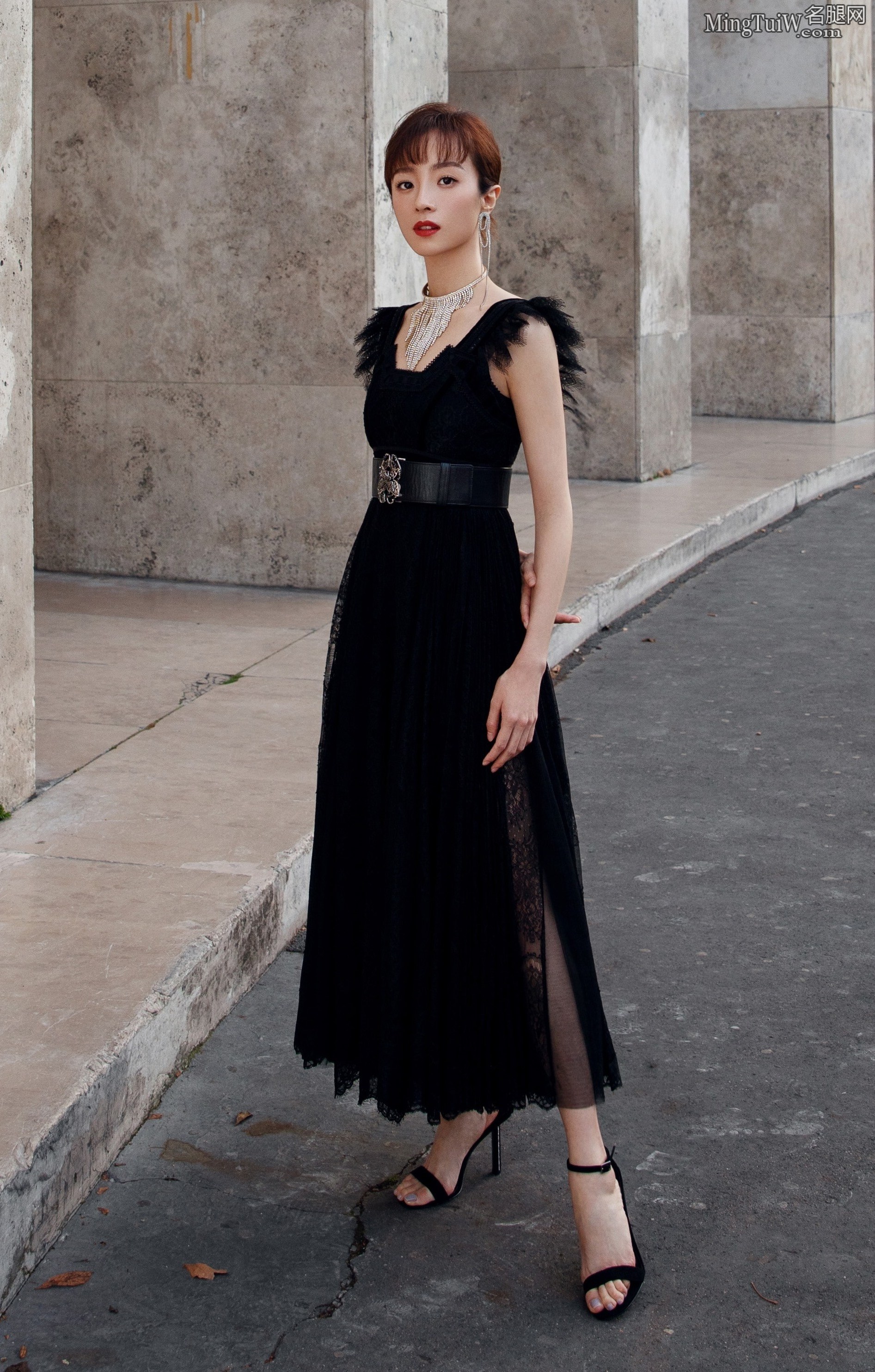 刘诗诗一袭定制的白玫瑰黑纱礼裙，漂亮的肩颈线条，优雅迷人！