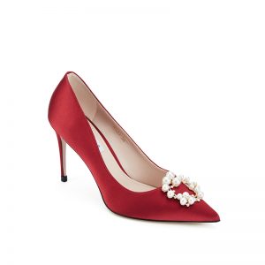 林志玲脚穿LUCIA TACCI红色丝绸珍珠装饰新娘婚礼高跟鞋