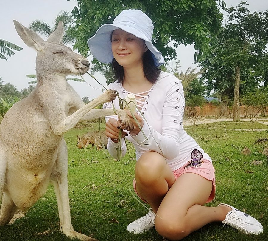 美腿明星倪虹洁穿粉色热裤和动物互动(1/4)