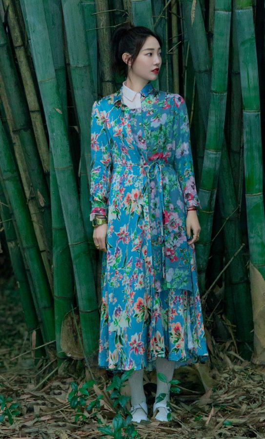 女明星白百何竹林照片花裙棉袜红唇微张(1/4)