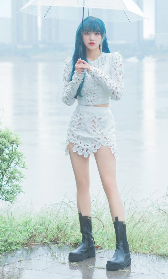程潇穿上浮雕镂空超短裙秀长腿(2/6)