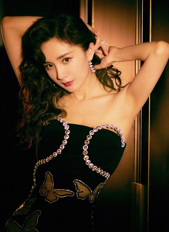 杨幂复古波浪长发一袭蝴蝶镶长裙拍写真，脚穿Roger Vivier绒面凉高跟(6/19)