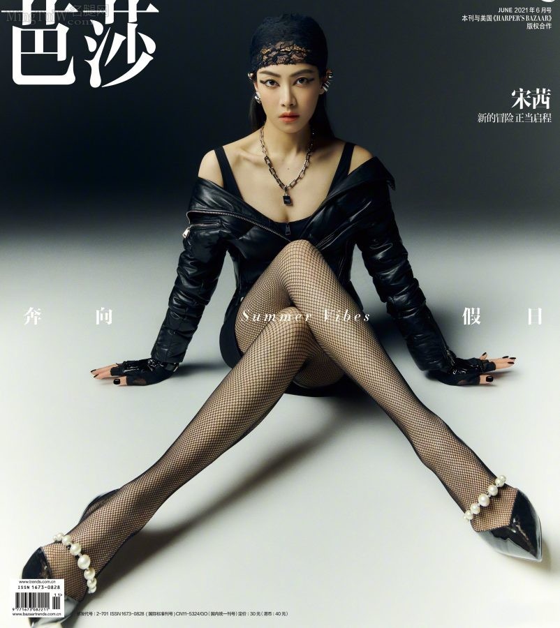《时尚芭莎》杂志封面宋茜穿黑色渔网丝袜夹腿坐姿大片(1/3)
