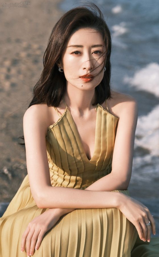 刘敏涛海边写真穿深V裙脚踩凉鞋尽显成熟魅力(3/3)