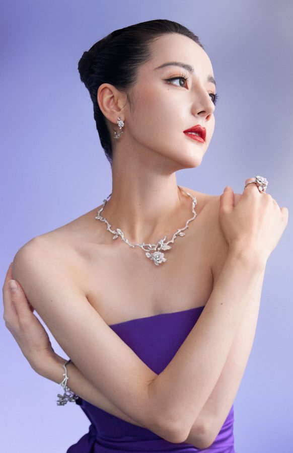 女星迪丽热巴身穿开叉紫裙大修香肩美背(4/6)