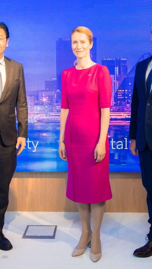 爱沙尼亚总理Kaja Kallas身穿优雅紫裙配丝袜参观展览(19/27)
