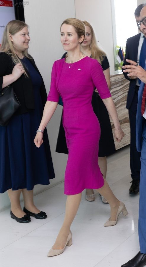 Estonian Prime Minister Kaja Kallas wore an elegant purple dress with pantyhose to visit the exhibition(10/27)