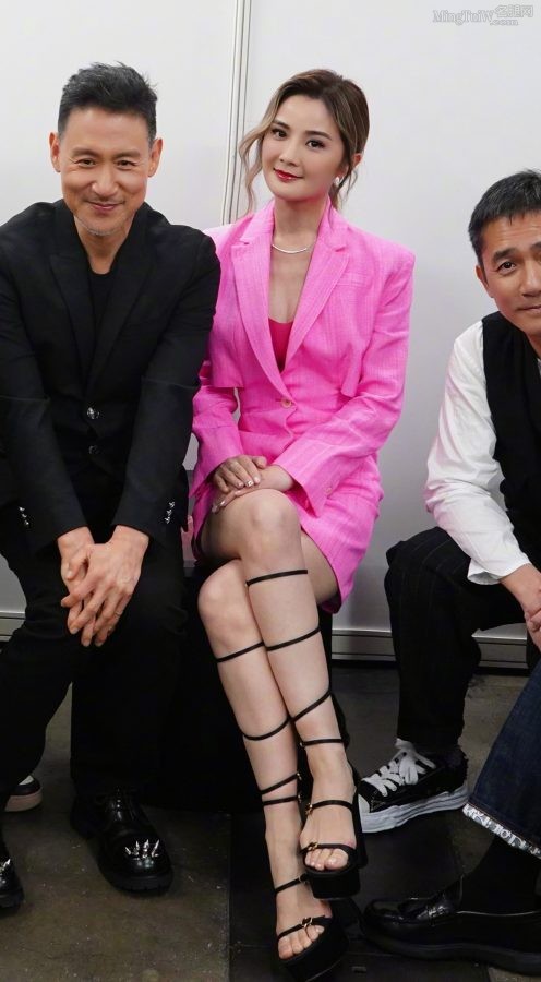 蔡卓妍穿大开领粉色西装，美腿穿绑带凉鞋翘脚（第1张/共4张）