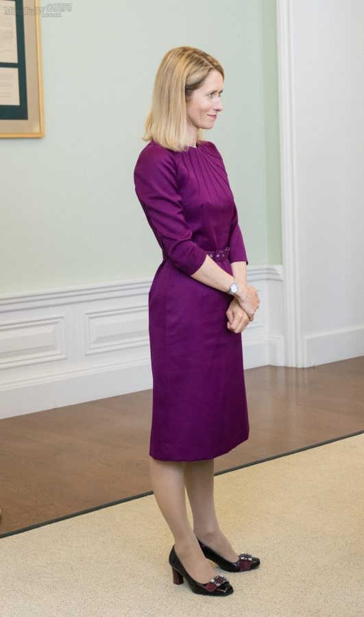 卡娅·卡拉斯穿一身优雅紫色连衣裙腿穿丝袜出席外事活动（第5张/共7张）