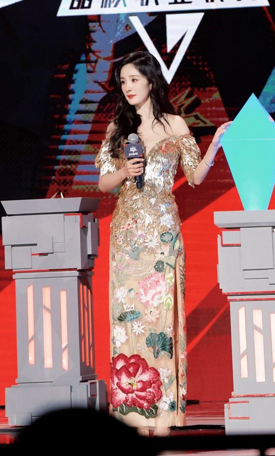 杨幂身穿深V高开叉美裙，大秀事业线和光滑玉腿(13/18)