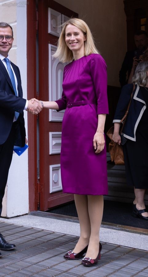 卡娅·卡拉斯穿一身优雅紫色连衣裙腿穿丝袜出席外事活动（第1张/共7张）