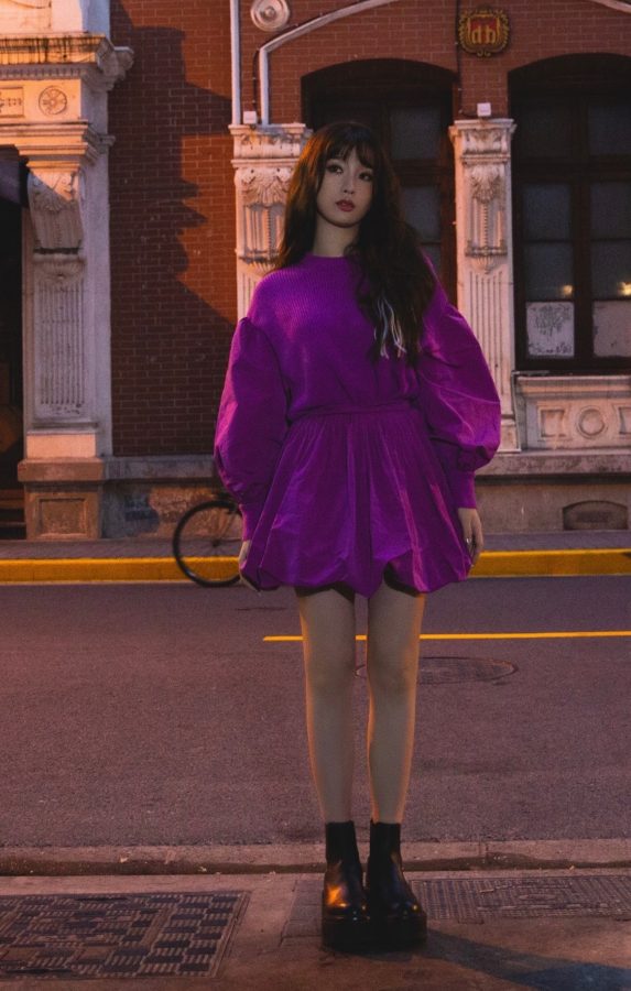 虞书欣穿一条束腰紫裙秀出白皙美腿(5/8)