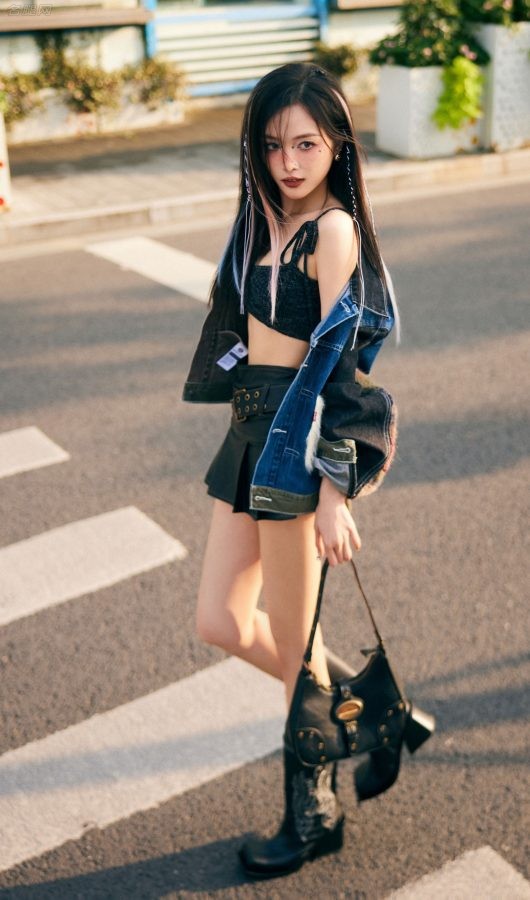 吴宣仪雀斑妆星星眼叛逆少女装扮，超短裙靴子纤细美腿气场全开(1/9)