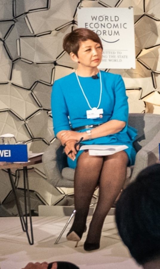 女记者、主持人田薇穿职业蓝裙配黑丝细高跟主持经济论坛（第1张/共6张）