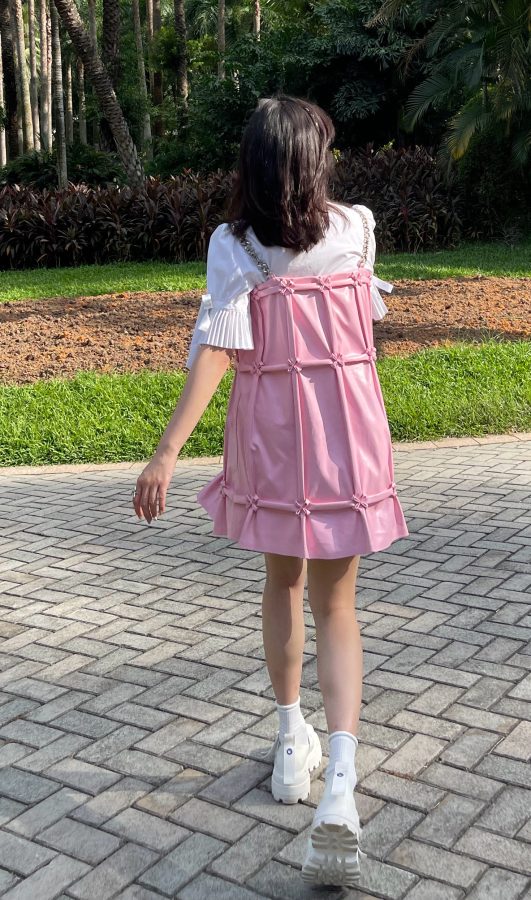 宋雨琦穿粉裙秀细少女腿在热带景区拍照(4/4)