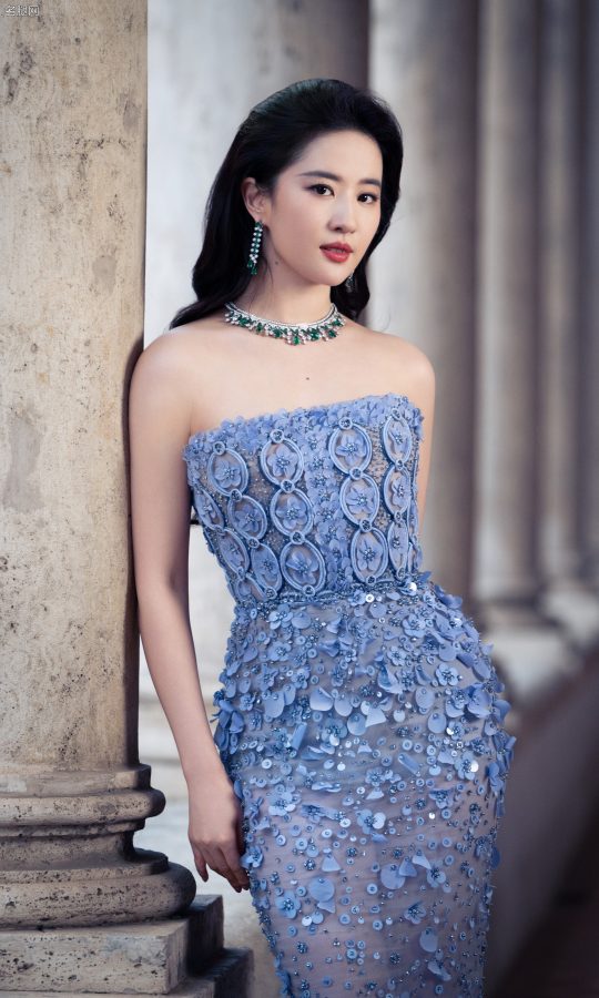 女明星刘亦菲身穿华丽镶钻紫色抹胸礼服香肩光滑(10/11)