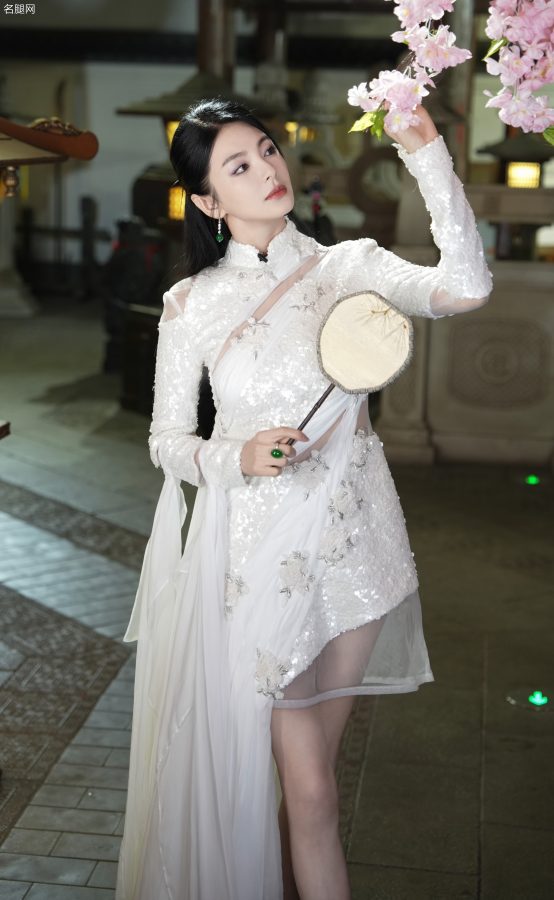 张雨绮身穿国风飘逸白裙美腿纤长大展东方古典气韵(3/10)