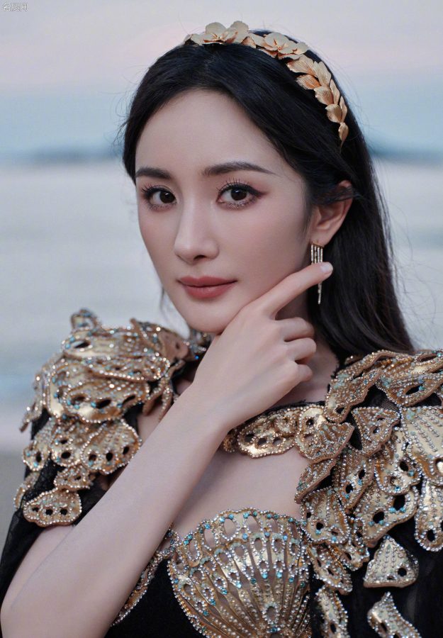 杨幂穿扇贝护胸礼服薄纱裙摆透美腿站在海滩上(13/13)