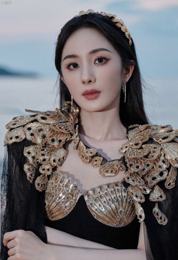 杨幂穿扇贝护胸礼服薄纱裙摆透美腿站在海滩上(12/13)