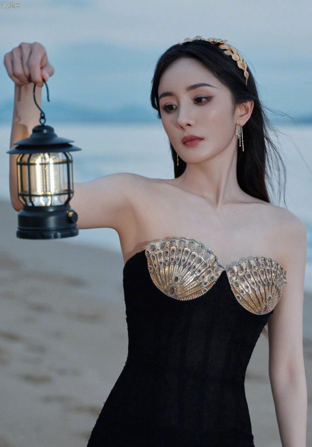 杨幂穿扇贝护胸礼服薄纱裙摆透美腿站在海滩上(8/13)