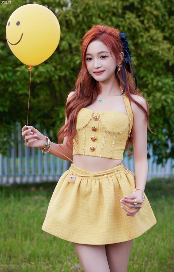 九头身甜心吴宣仪穿柠檬黄短裙秀美腿(6/8)