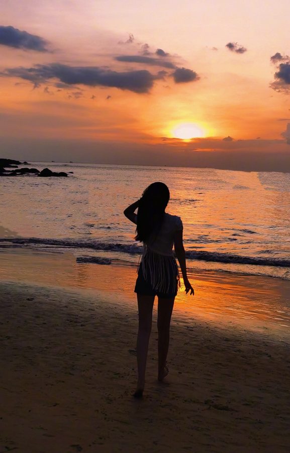 李沁在夕阳下的海边晒腿(3/4)