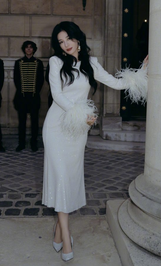 黄奕穿羽毛长裙勾勒曼妙曲线，脚上应该是穿了透明丝袜(3/5)