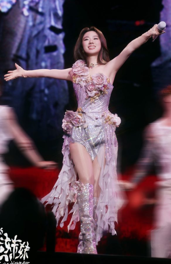绝美小姐姐单依纯身穿粉紫色花朵礼服搭配肉色丝袜闪耀演唱会舞台(34/82)