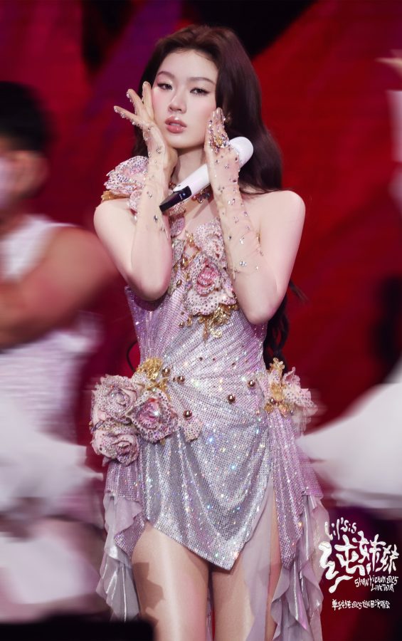 绝美小姐姐单依纯身穿粉紫色花朵礼服搭配肉色丝袜闪耀演唱会舞台(5/82)
