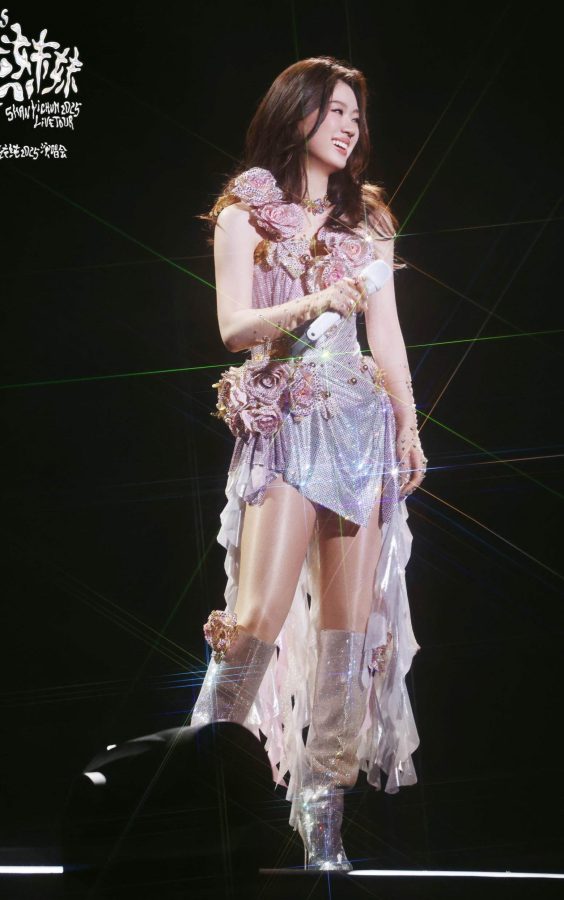 绝美小姐姐单依纯身穿粉紫色花朵礼服搭配肉色丝袜闪耀演唱会舞台(27/82)