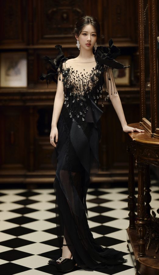 杨紫高贵优雅端坐，一双美腿在华丽黑裙下尽显诱惑。(3/5)